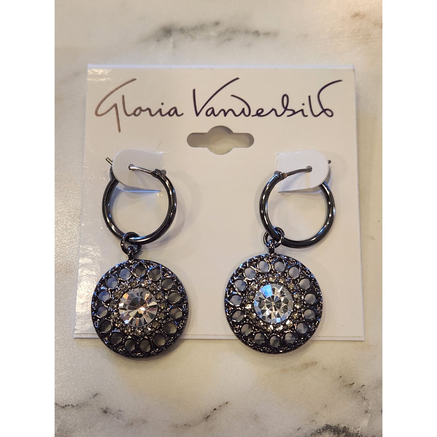 Gloria Vanderbilt Round Black Tone Hoop Earrings Cutout Design Clear Rhinestones