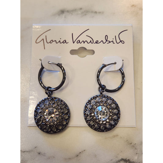 Gloria Vanderbilt Round Black Tone Hoop Earrings Cutout Design Clear Rhinestones