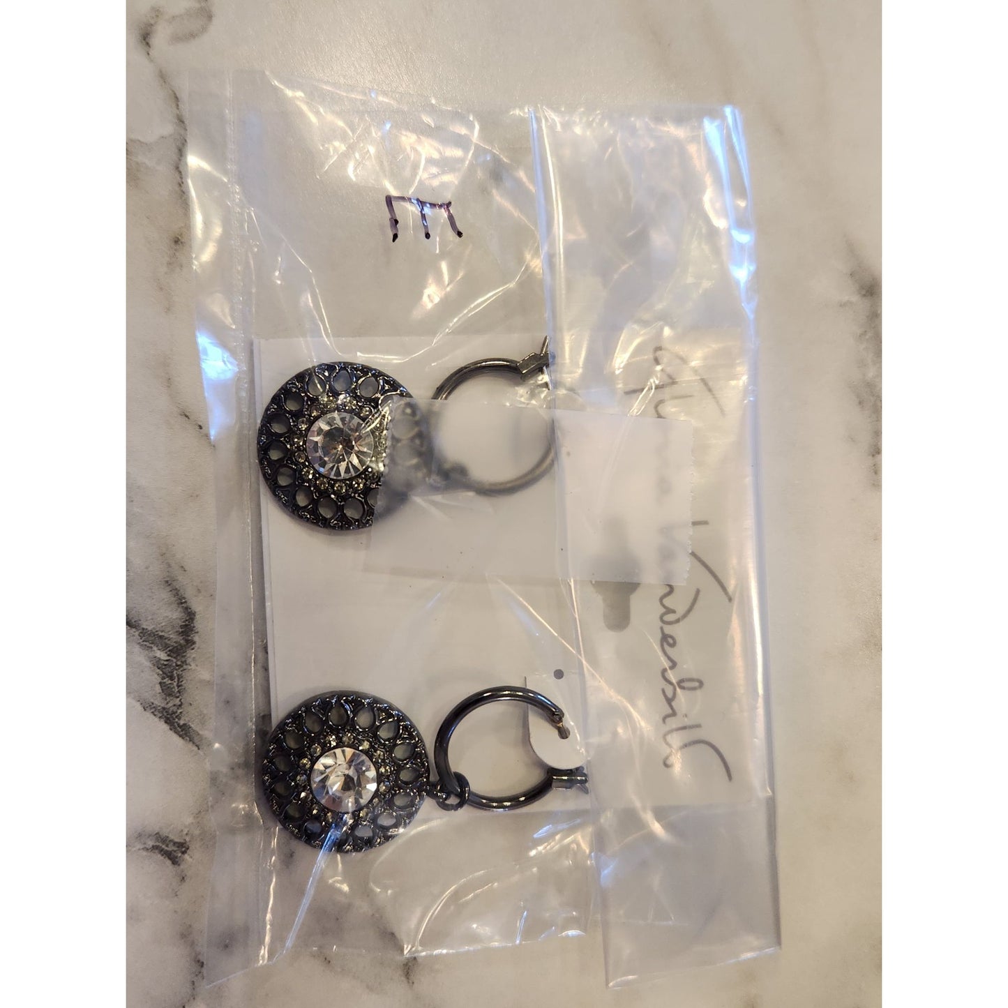 Gloria Vanderbilt Round Black Tone Hoop Earrings Cutout Design Clear Rhinestones