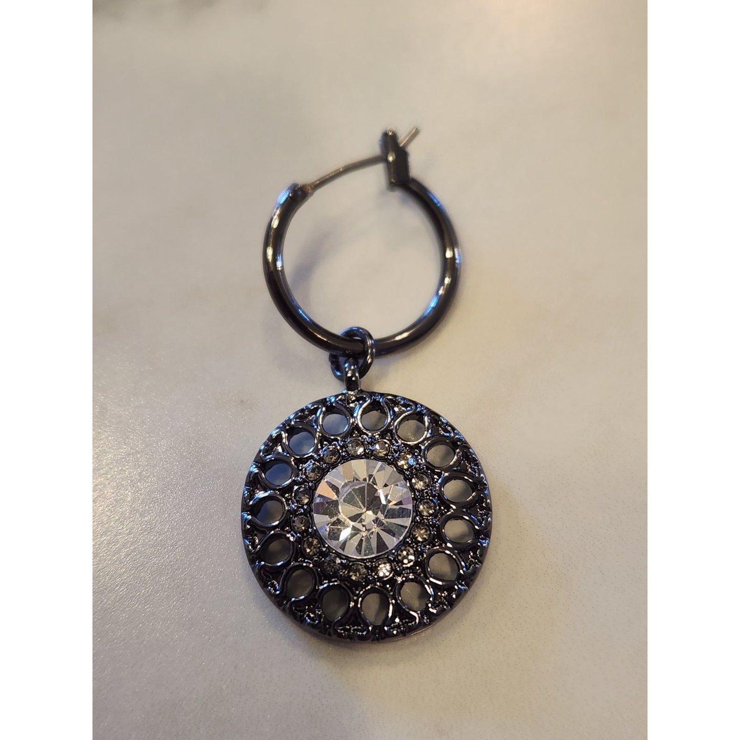 Gloria Vanderbilt Round Black Tone Hoop Earrings Cutout Design Clear Rhinestones