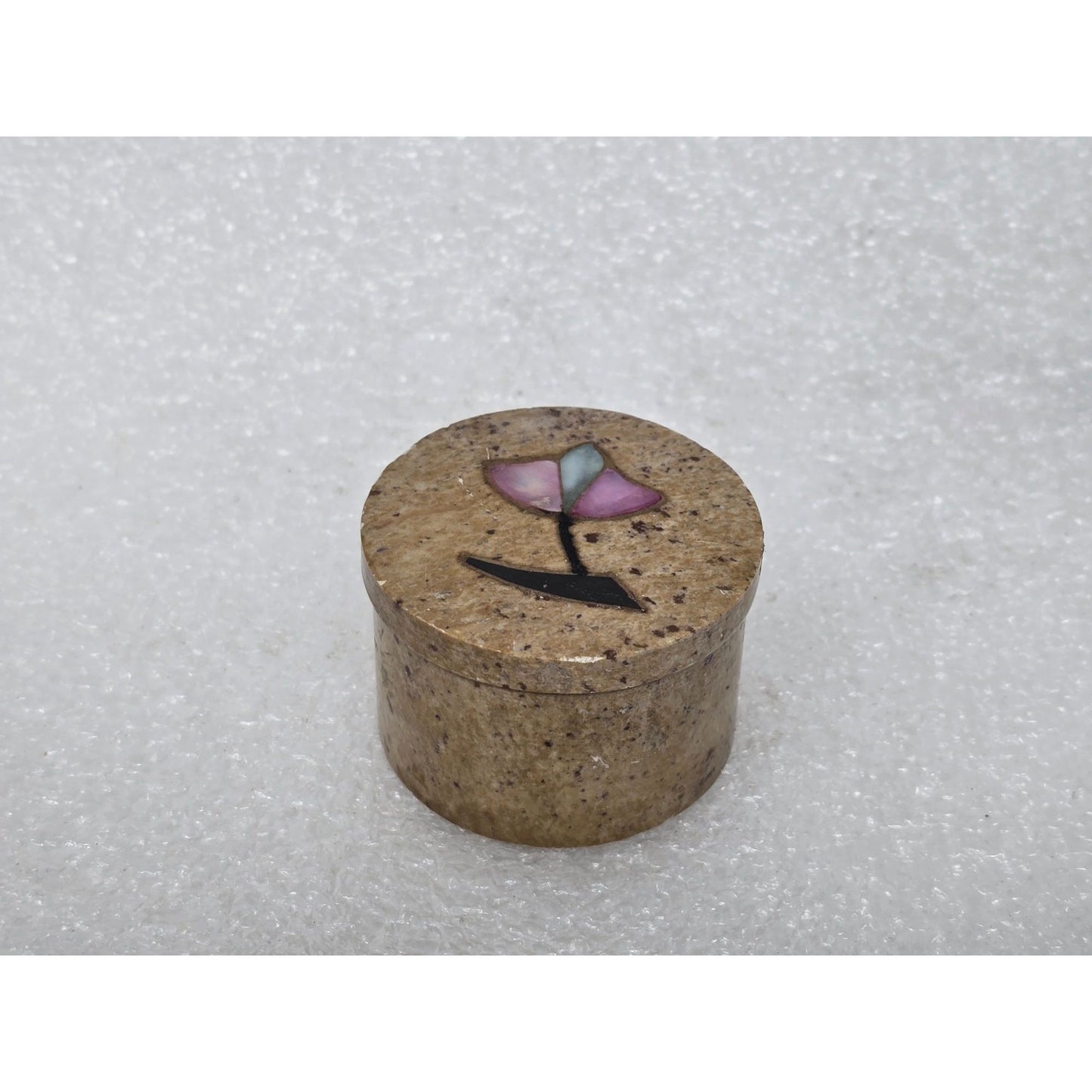 Handcrafted Soapstone Round Trinket Box Mother of Pearl Floral Inlay Design