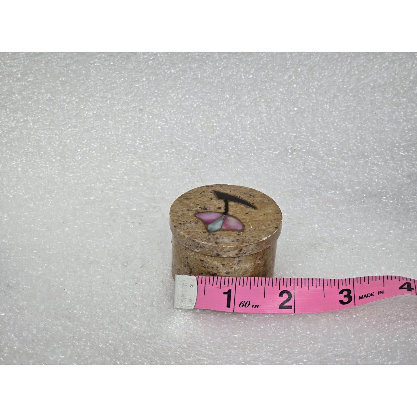 Handcrafted Soapstone Round Trinket Box Mother of Pearl Floral Inlay Design