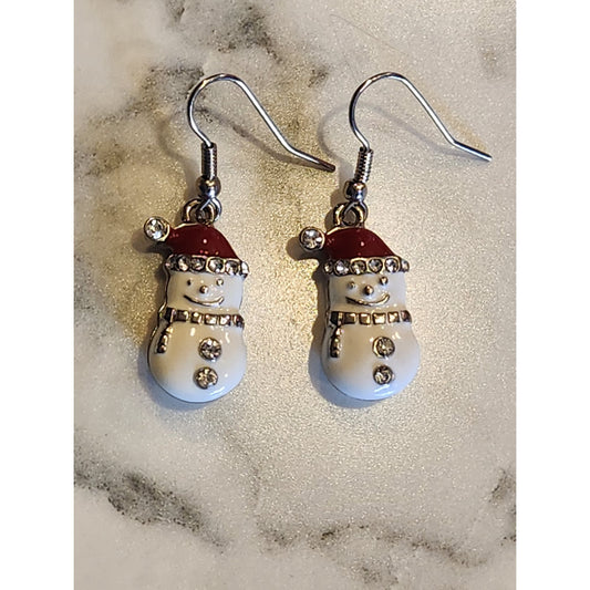 Festive Snowman Dangle Earrings With Rhinestones Holiday Christmas