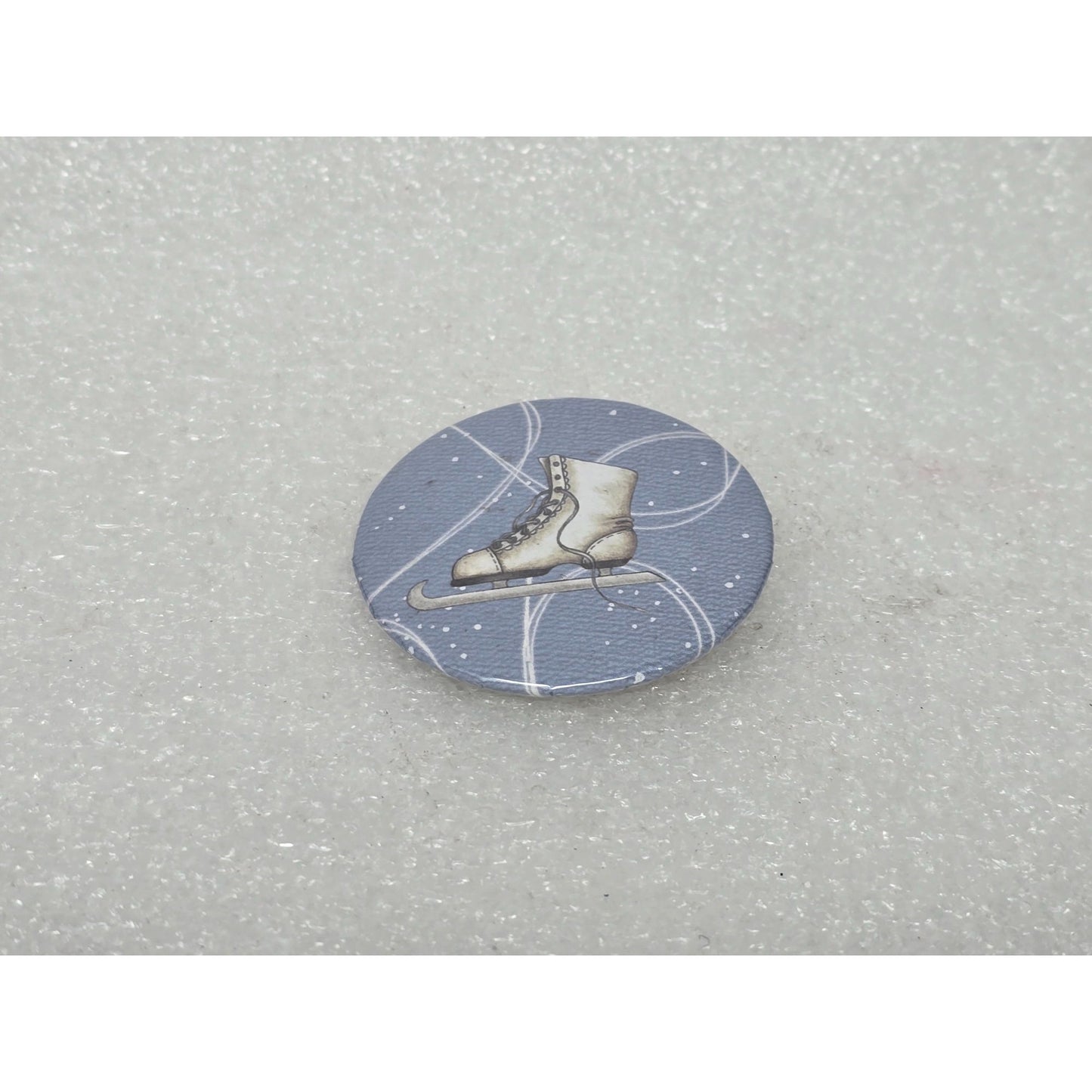 Ice Skating Boot Pinback Button Silver & Blue