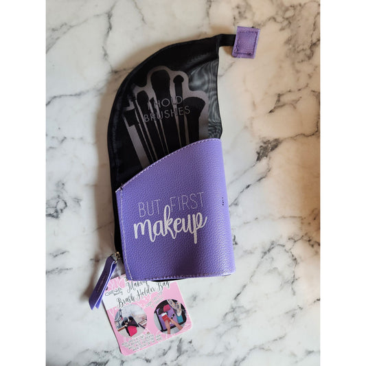 Purple Makeup Brush Holder Bag With Mesh Design & "But First Makeup" Text