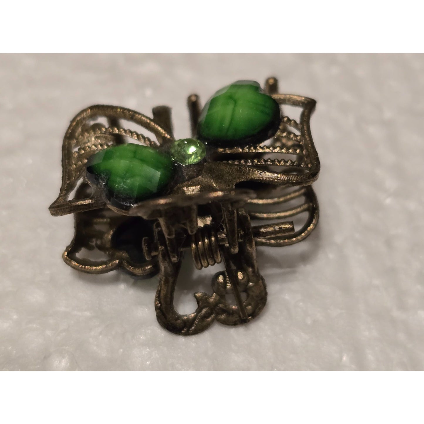 Vintage Bronze Tone Butterfly Hair Claw Clip With Green Gemstone Accents Small
