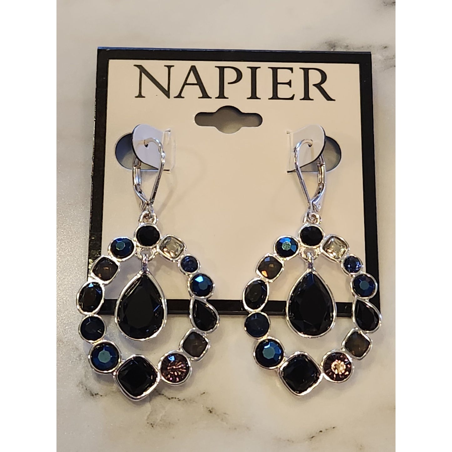 Napier Silver-Tone Drop Earrings With Black & Multi-Color Stones