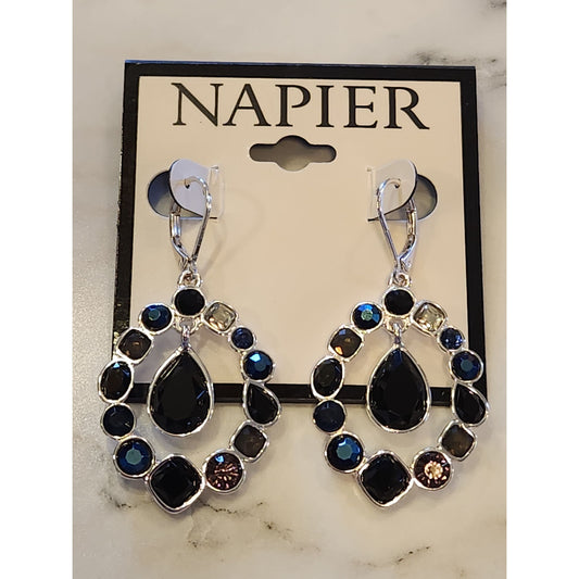 Napier Silver-Tone Drop Earrings With Black & Multi-Color Stones