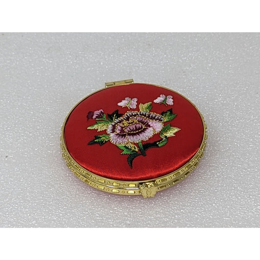 Embroidered Flower Hand Purse Mirror Compact Red