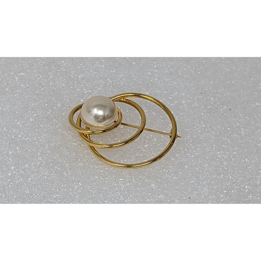 Vintage Napier Gold-Tone Triple Circle Brooch Pin With Faux Pearl Center