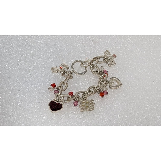 Vintage Silver Tone Charm Bracelet With Love XOXO Hearts & Beads 7.5 Inches