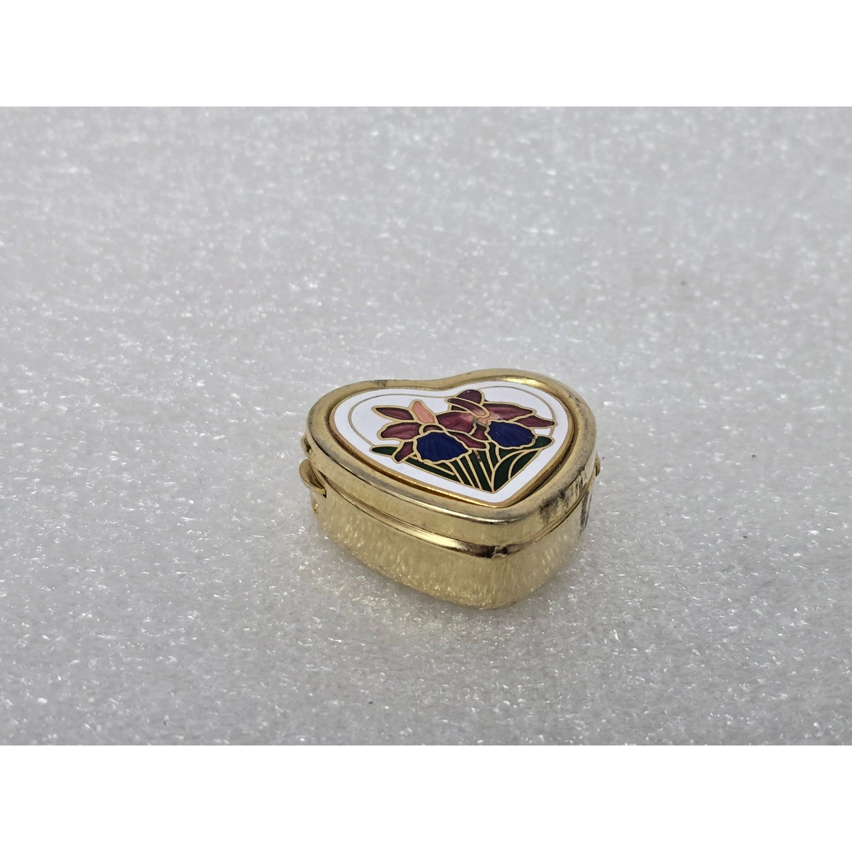 Vintage Heart Shaped Gold Tone Trinket Box With Floral Enamel Lid Hinged