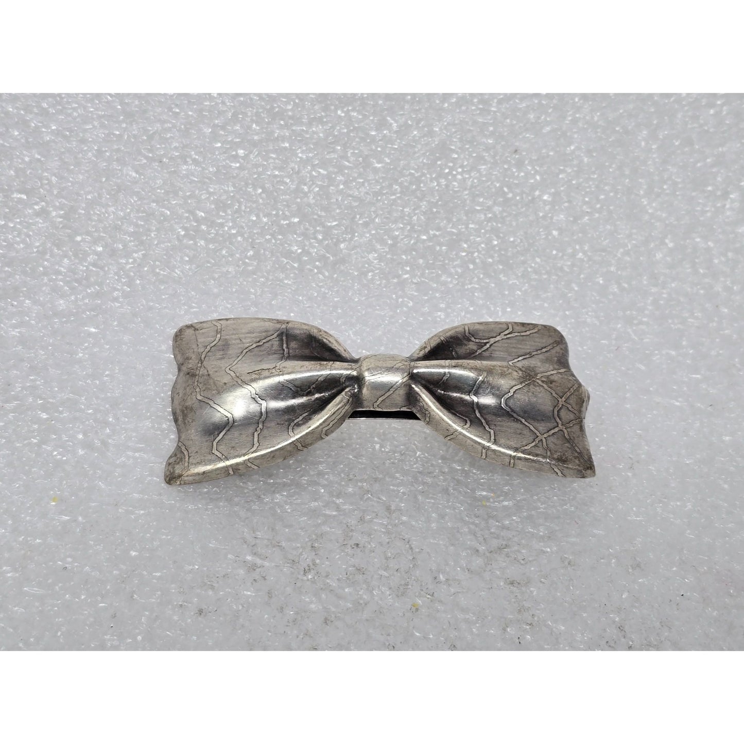 Vintage French Silver-Tone Bow Hair Clip Barrette Embossed Design Made In France