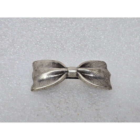 Vintage French Silver-Tone Bow Hair Clip Barrette Embossed Design Made In France