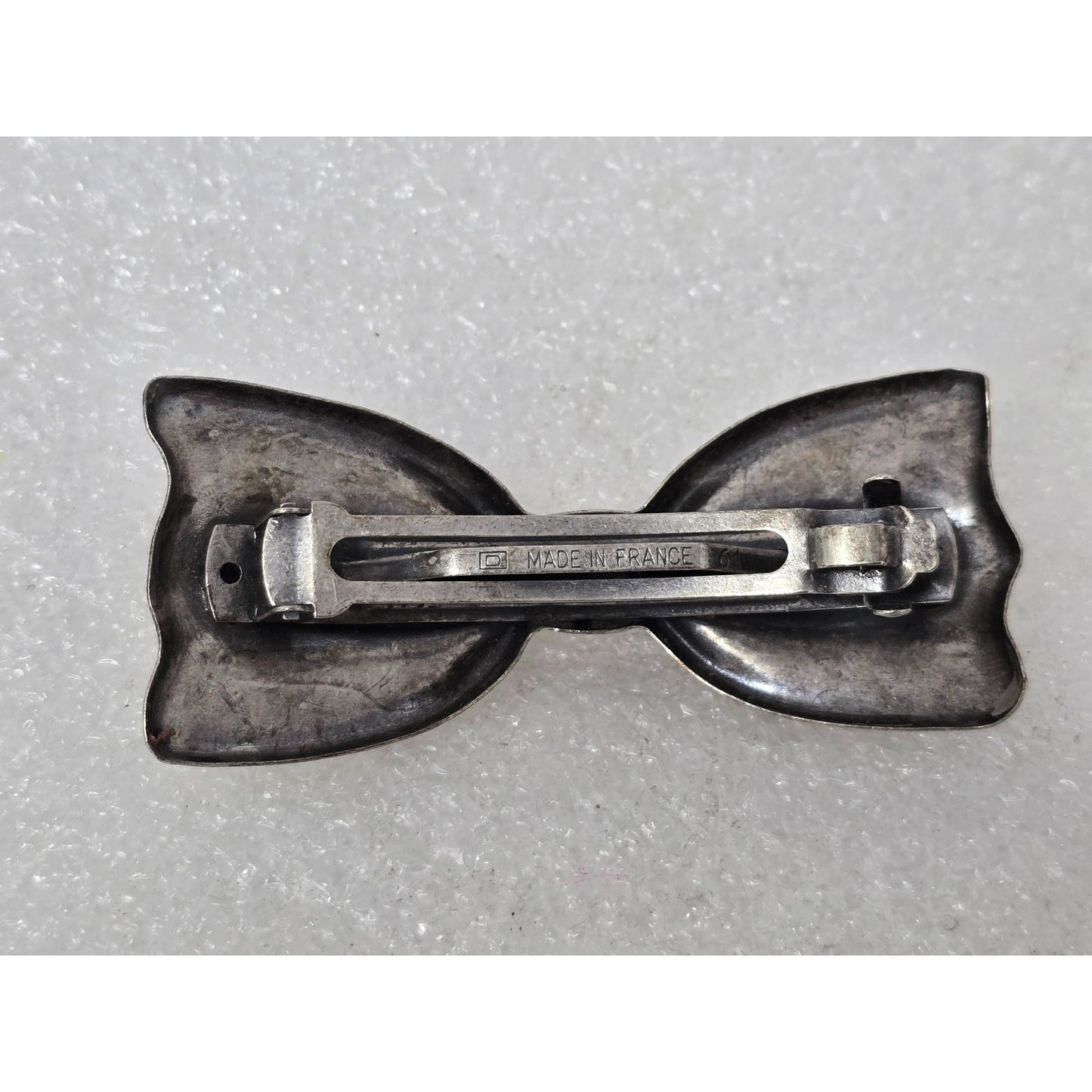 Vintage French Silver-Tone Bow Hair Clip Barrette Embossed Design Made In France