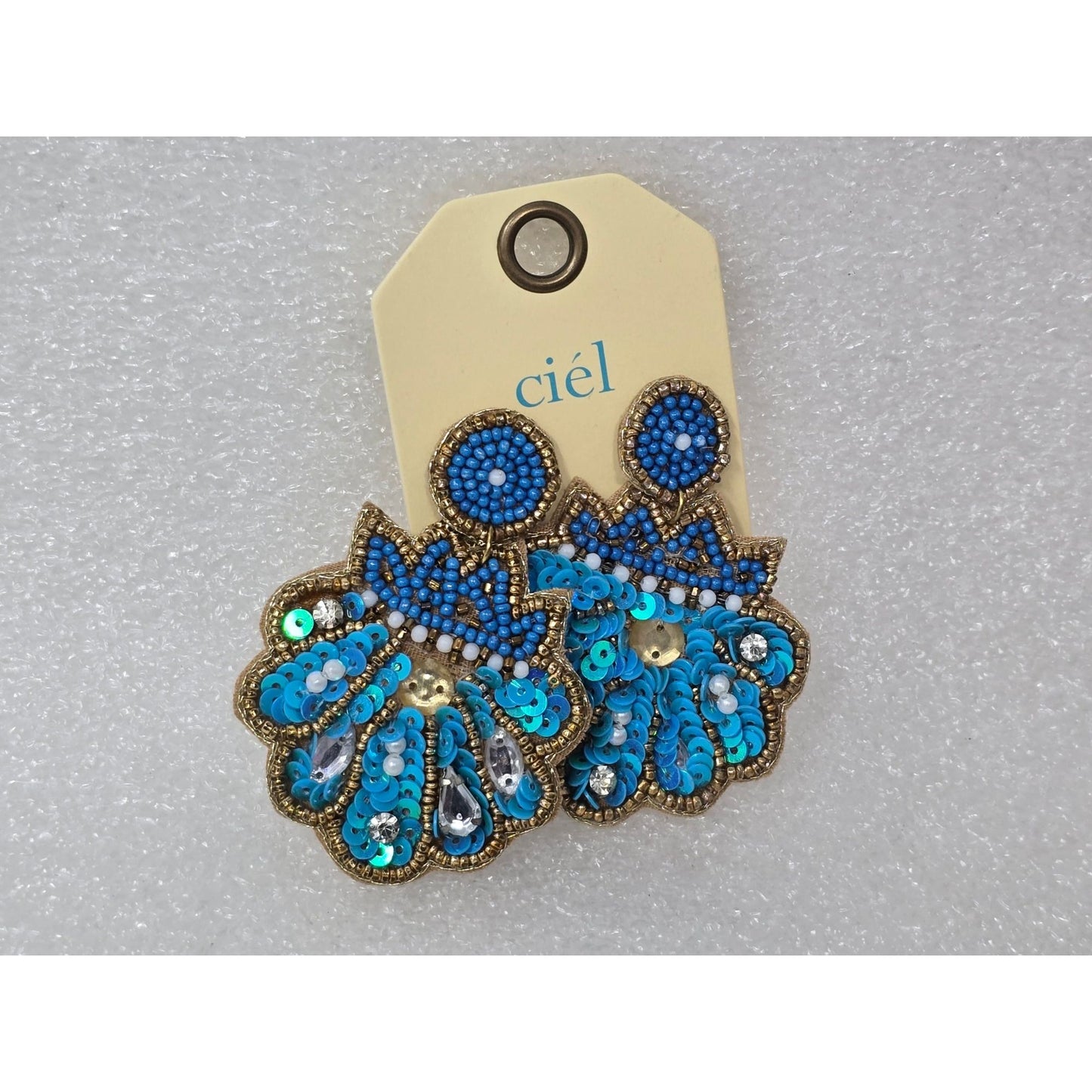 Handmade Ciél Beaded Blue Sequin Statement Earrings With Back Closure