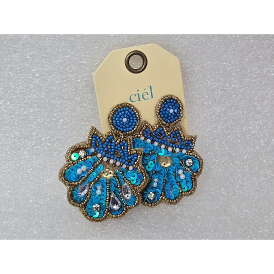 Handmade Ciél Beaded Blue Sequin Statement Earrings With Back Closure