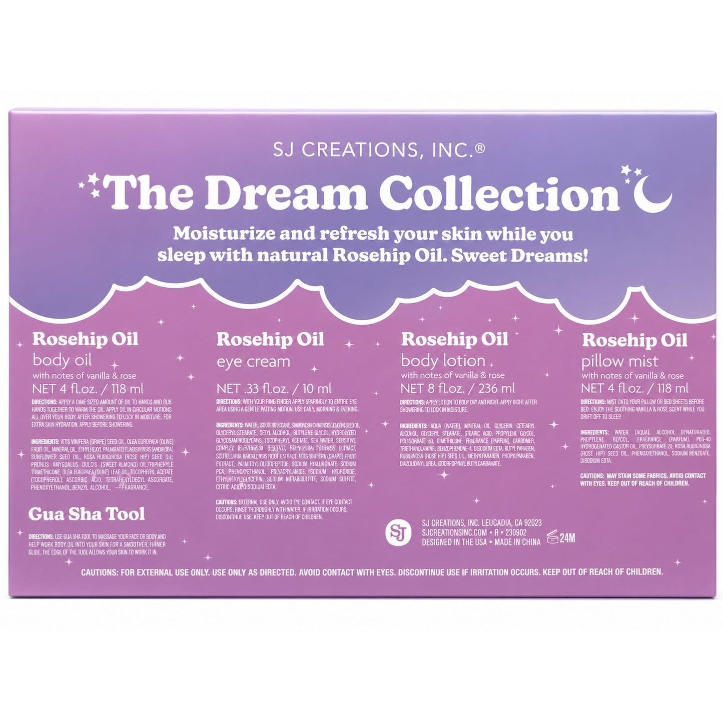 SJ Creations Dream Collection Rosehip Oil Gift Set Gua Sha Body Care 5 Pc New