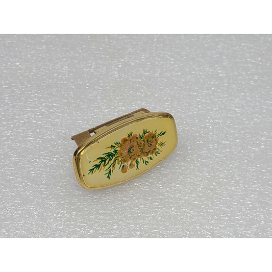 Vintage Floral Lipstick Holder w/Mirror Yellow W/Flowers Gold Tone Made in Japan