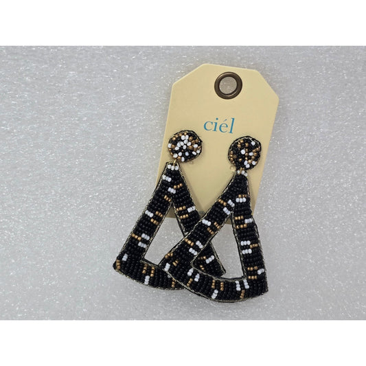 Beaded Triangle Drop Earrings By Ciel With Black White & Gold Accents