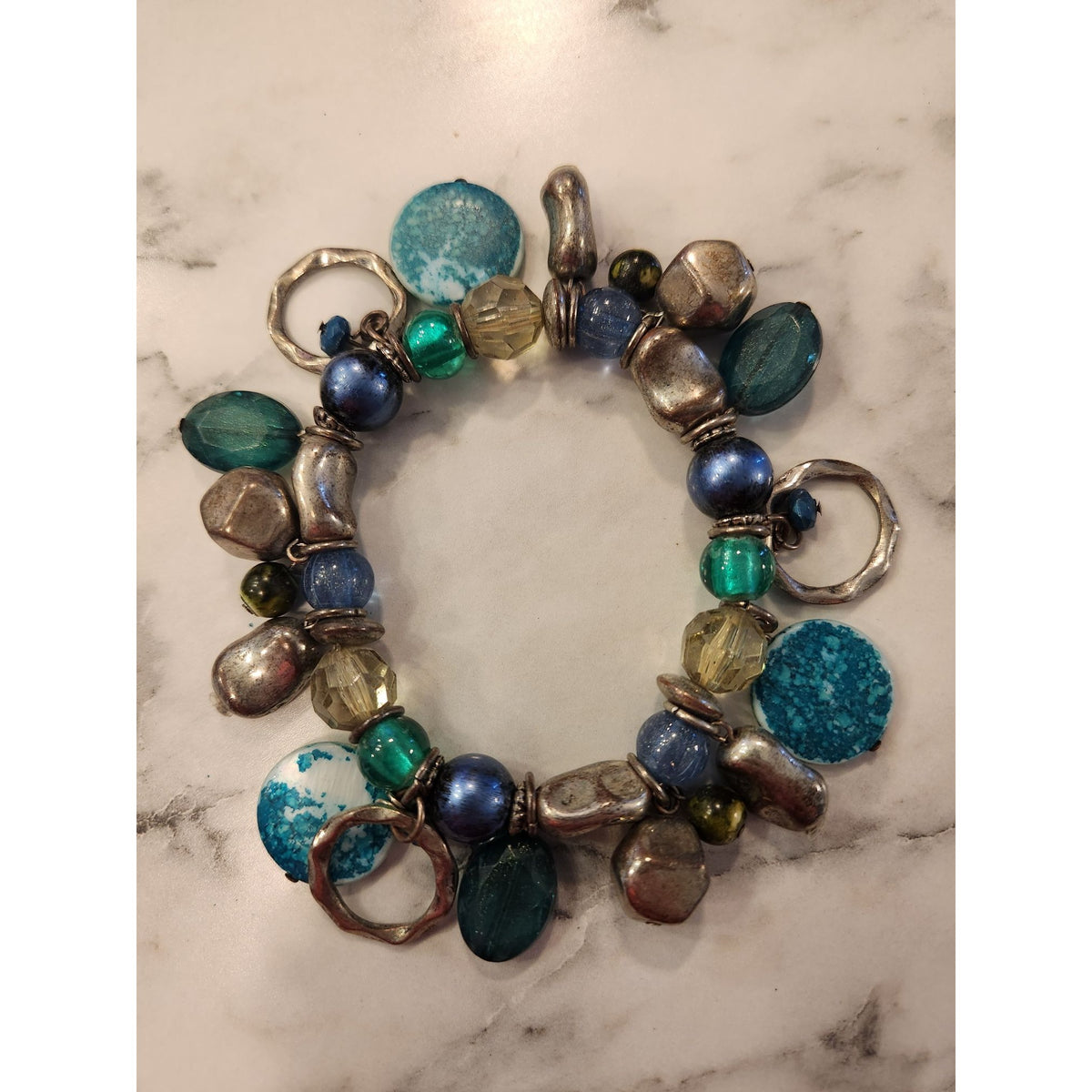 Vintage Beaded Stretch Bracelet With Silver-Tone Accents & Blue/Green Beads