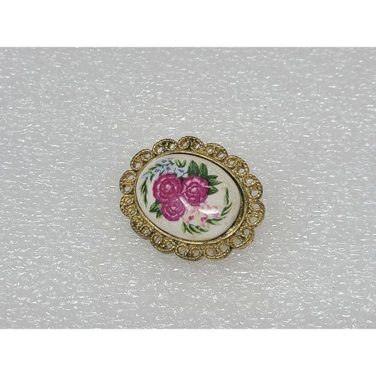 Vintage Porcelain Flower Brooch Pin Pink Roses / White & Gold Tone