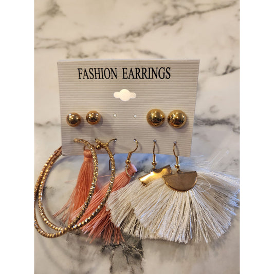 Fashion Earrings Set Of 5 Pairs Tassels Studs & Hoops In Gold Tone For Women