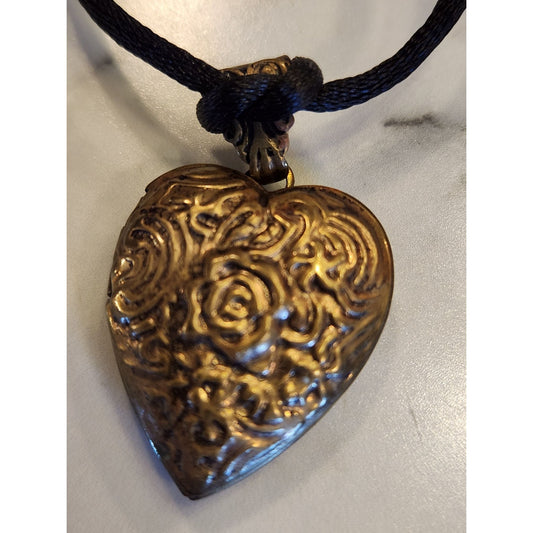 Vintage Heart Shaped Pendant Locket Necklace W/ Black Cord Engraved Love Forever