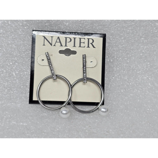 Napier Silver-Tone Hoop Earrings With Faux Pearl & Rhinestone Accents