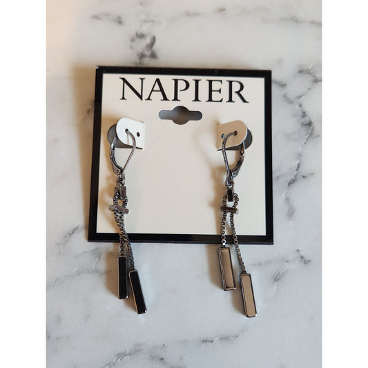 Napier Silver-Tone Dangle Earrings With Black Rectangular Accents