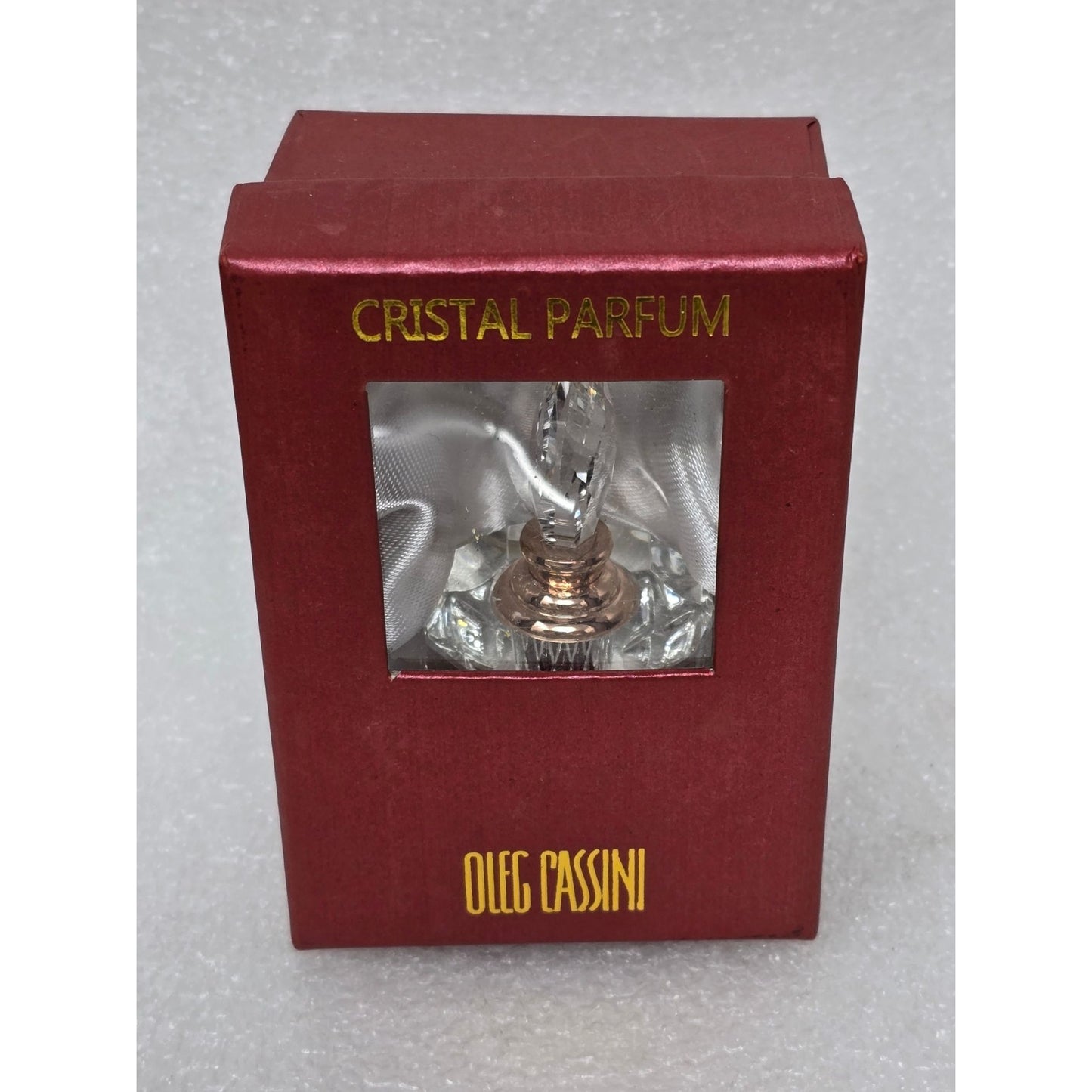 Oleg Cassini Crystal Perfume Bottle Faceted Stopper & Red Satin-Lined Box Rose2