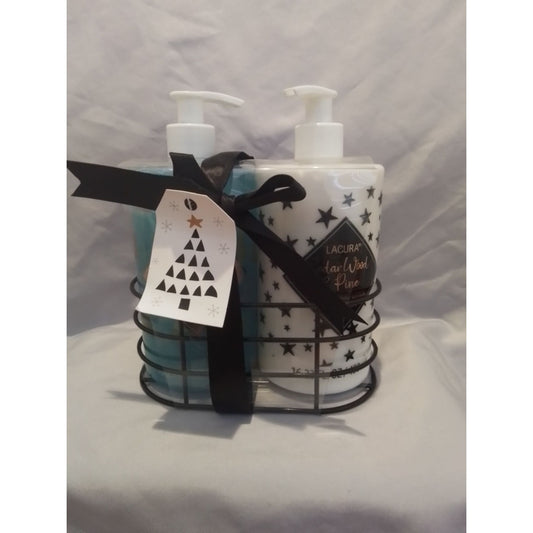 Lacura Cedar Wood & Pine Scented Hand Wash & Lotion Set With Metal Basket