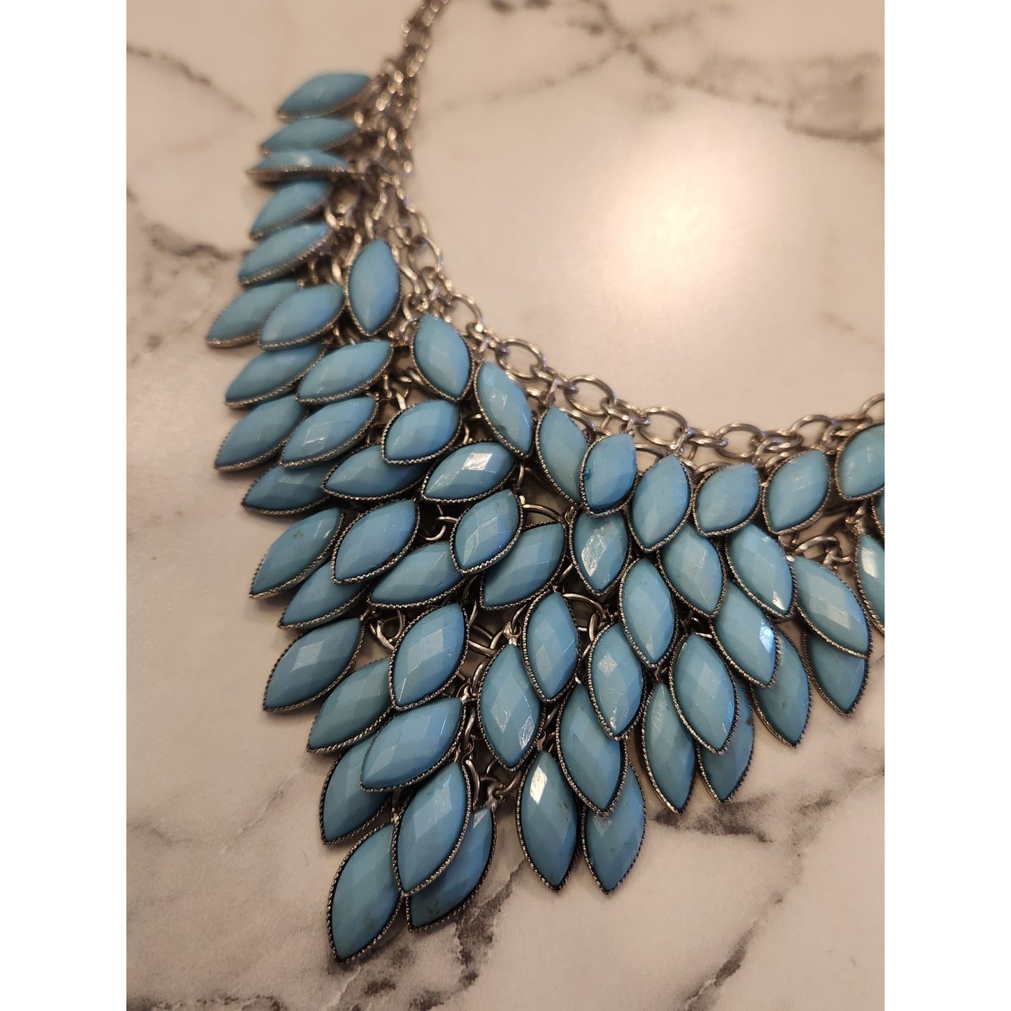 Statement Blue Leaf Bib Necklace With Silver Tone Chain
