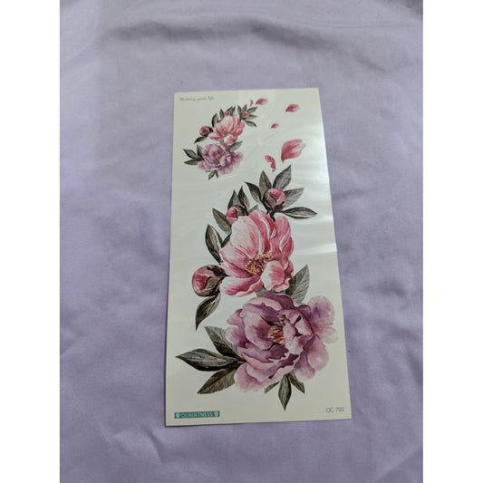 Floral Temporary Tattoo - Pink and Purple Peony Flowers with Green Leaves (QC-700)