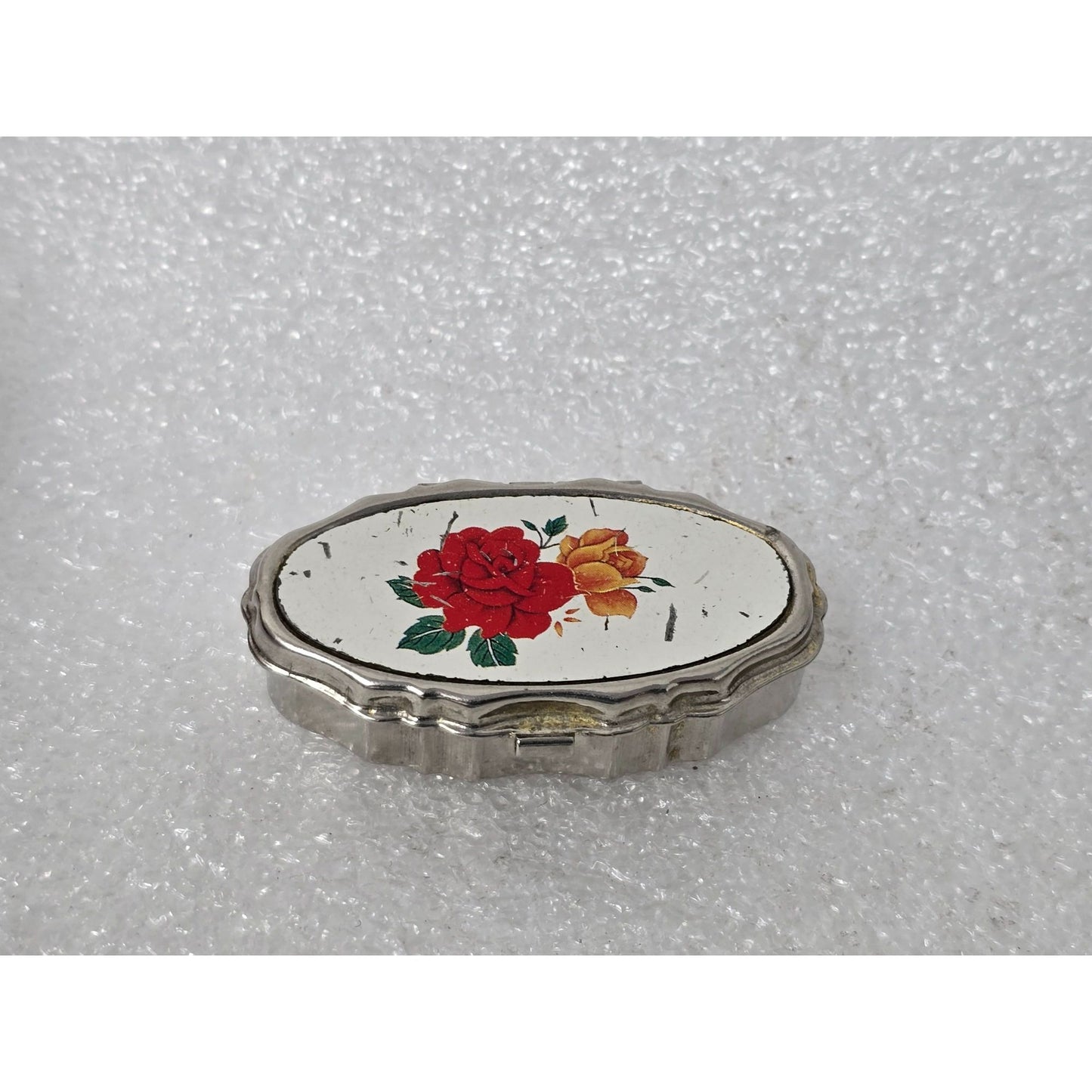 Vintage Oval Metal Pill Box Floral Design Lid Hinged Closure Compact Rose Motif