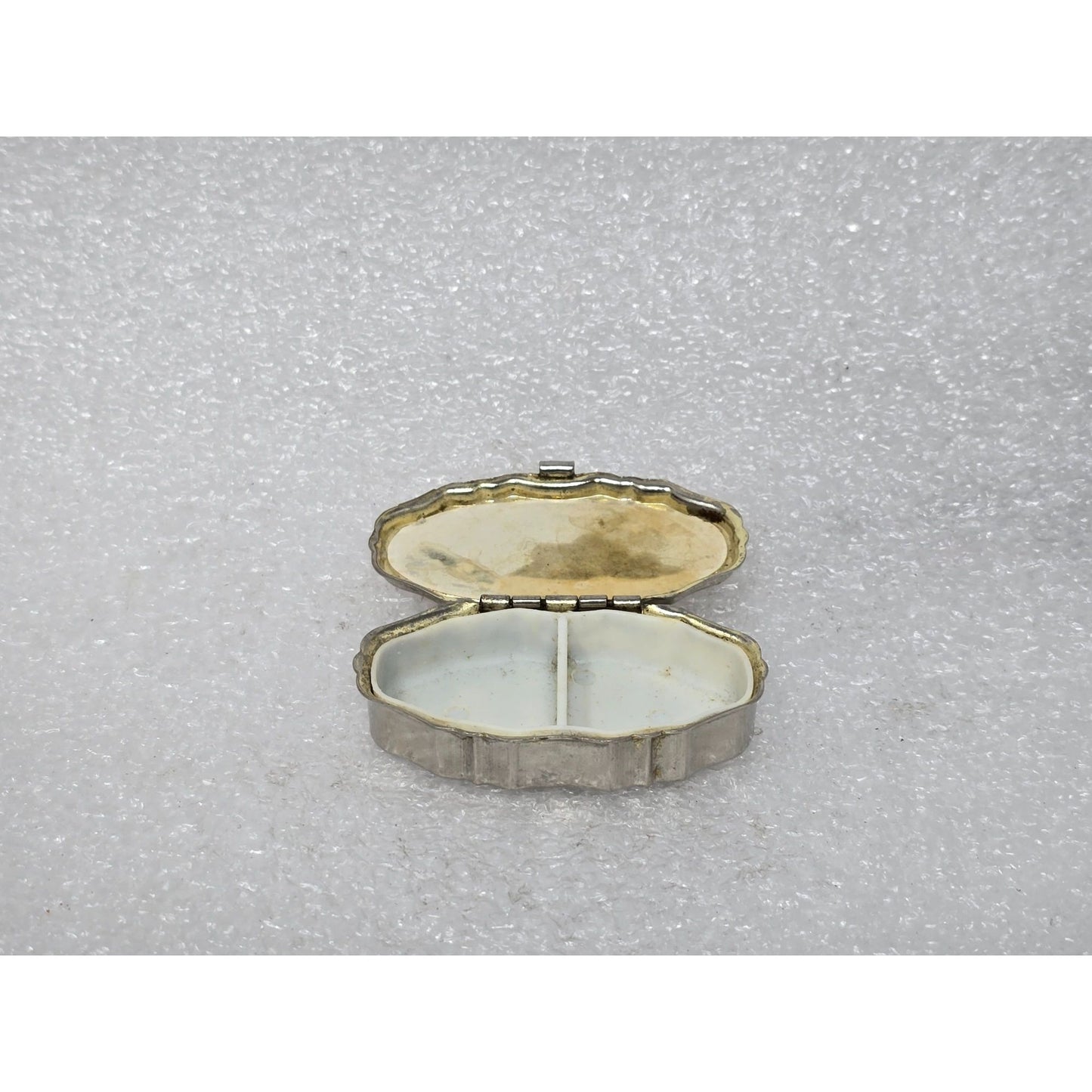 Vintage Oval Metal Pill Box Floral Design Lid Hinged Closure Compact Rose Motif
