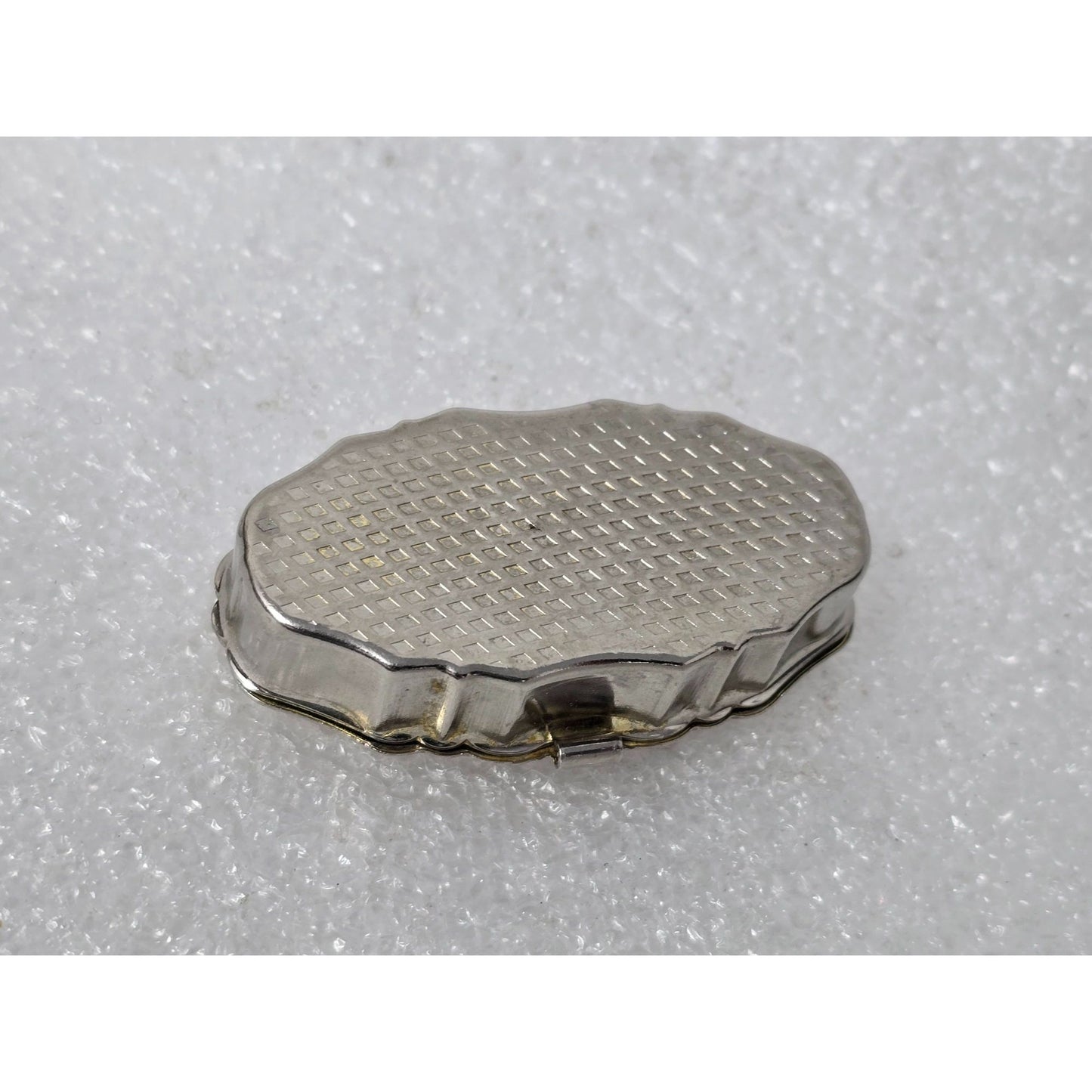 Vintage Oval Metal Pill Box Floral Design Lid Hinged Closure Compact Rose Motif