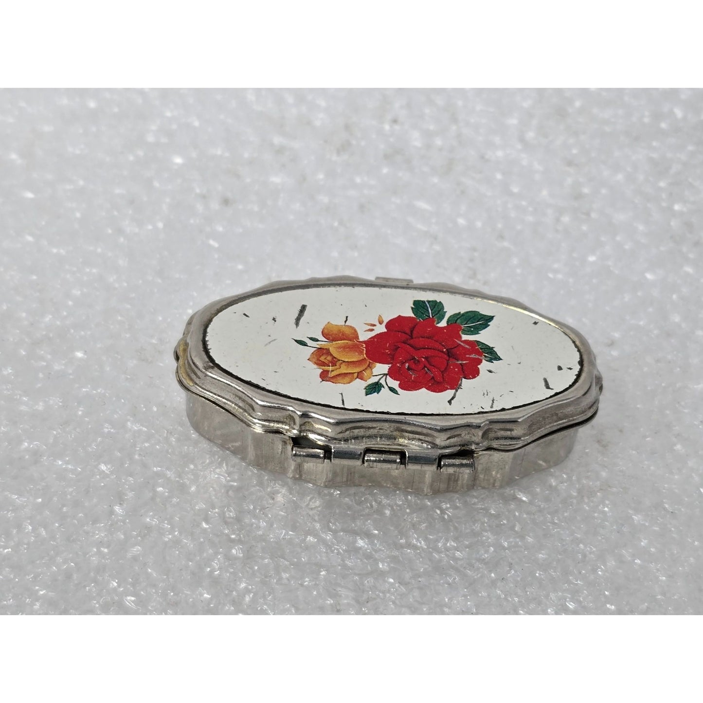 Vintage Oval Metal Pill Box Floral Design Lid Hinged Closure Compact Rose Motif