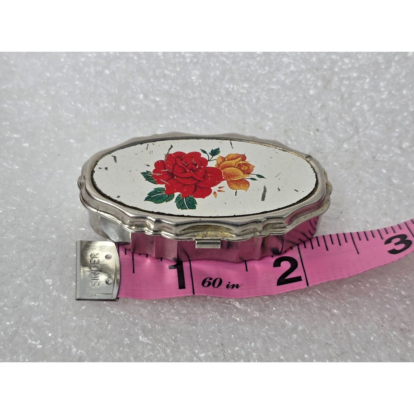 Vintage Oval Metal Pill Box Floral Design Lid Hinged Closure Compact Rose Motif