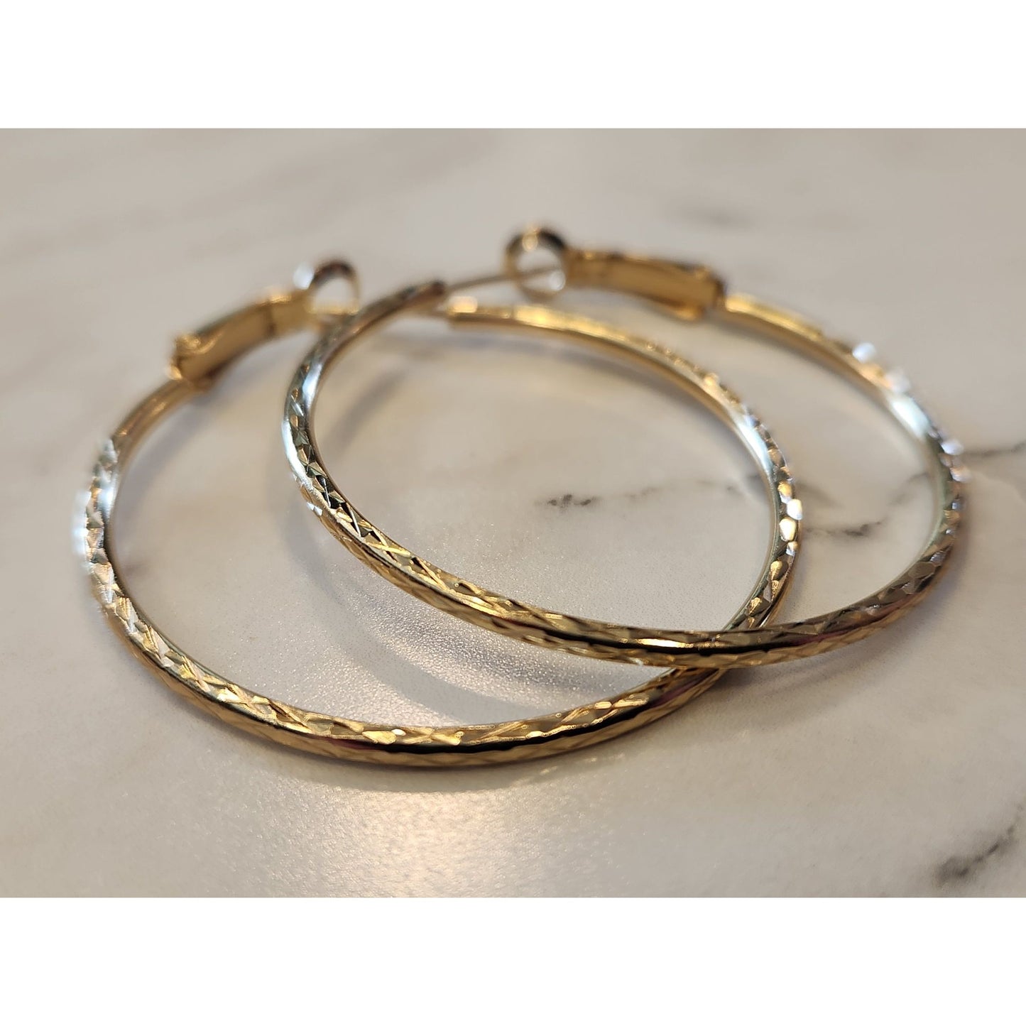 Gold-Tone Sterling Silver Hoop Earrings With Textured Design