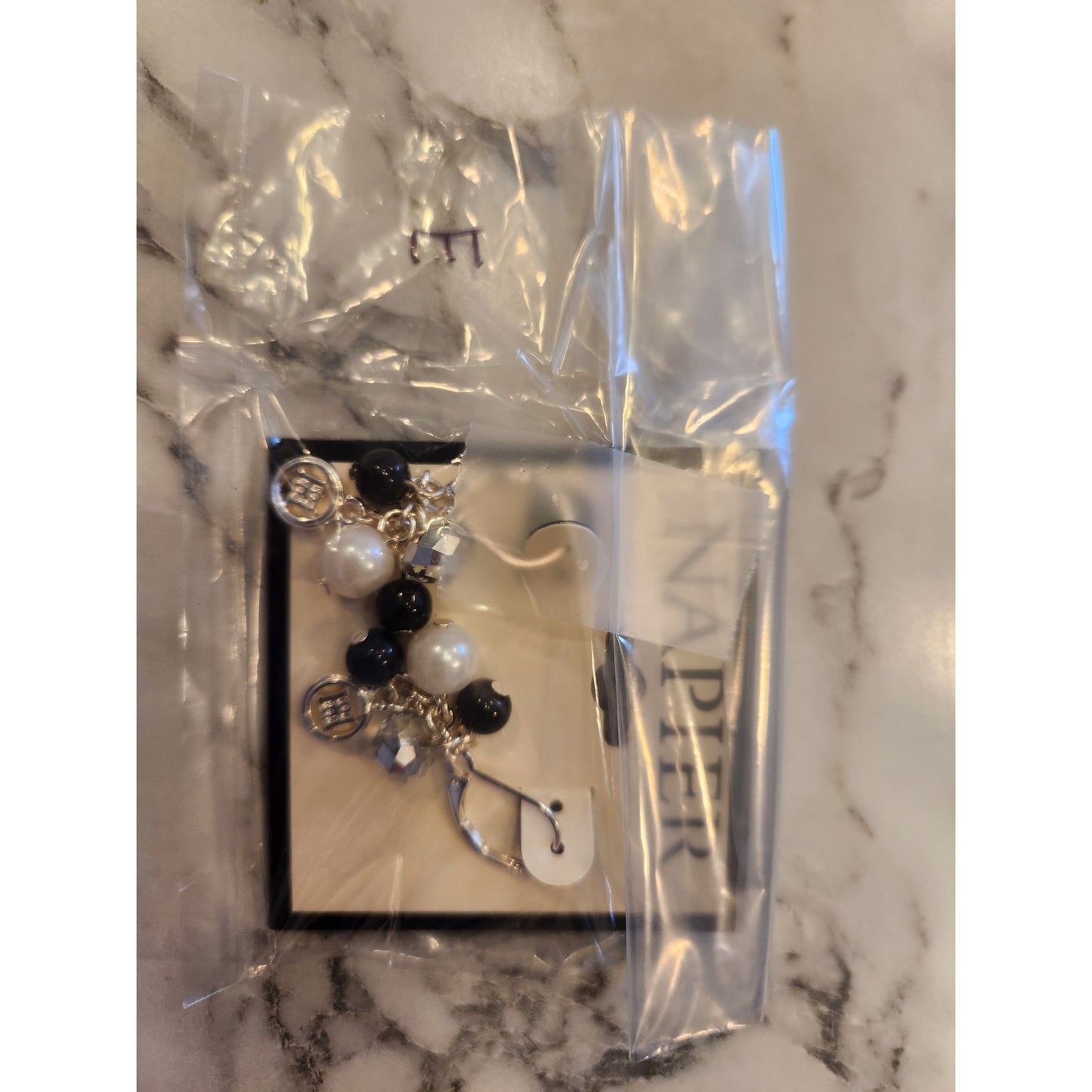 Napier Silver-Tone Drop Earrings With Black Pearl & Clear Beads For Women