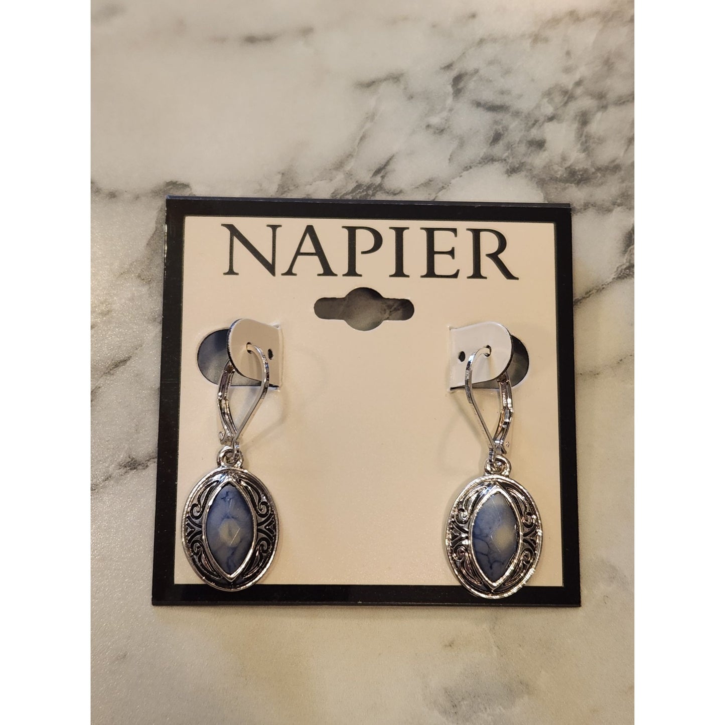 Napier Silver-Tone Oval Blue Stone Drop Earrings
