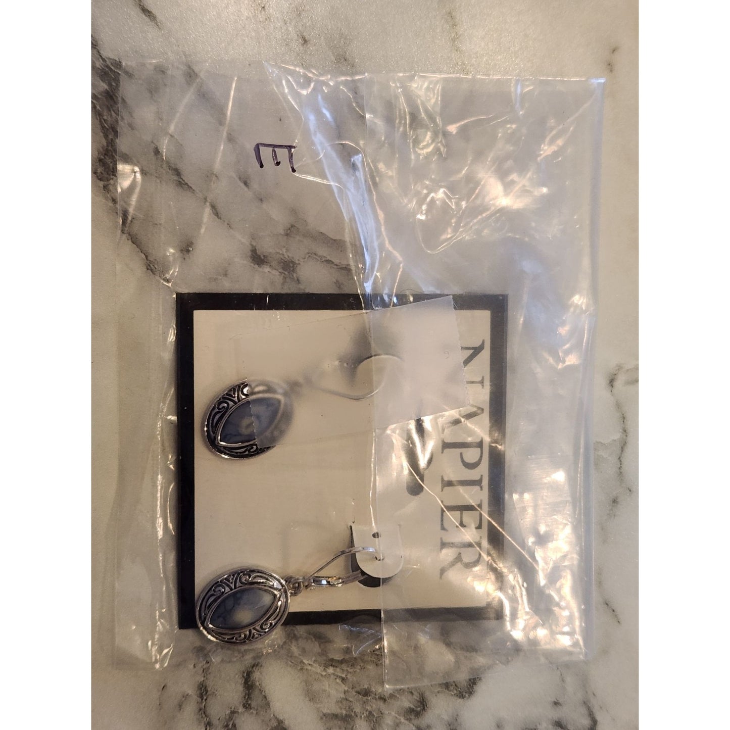 Napier Silver-Tone Oval Blue Stone Drop Earrings