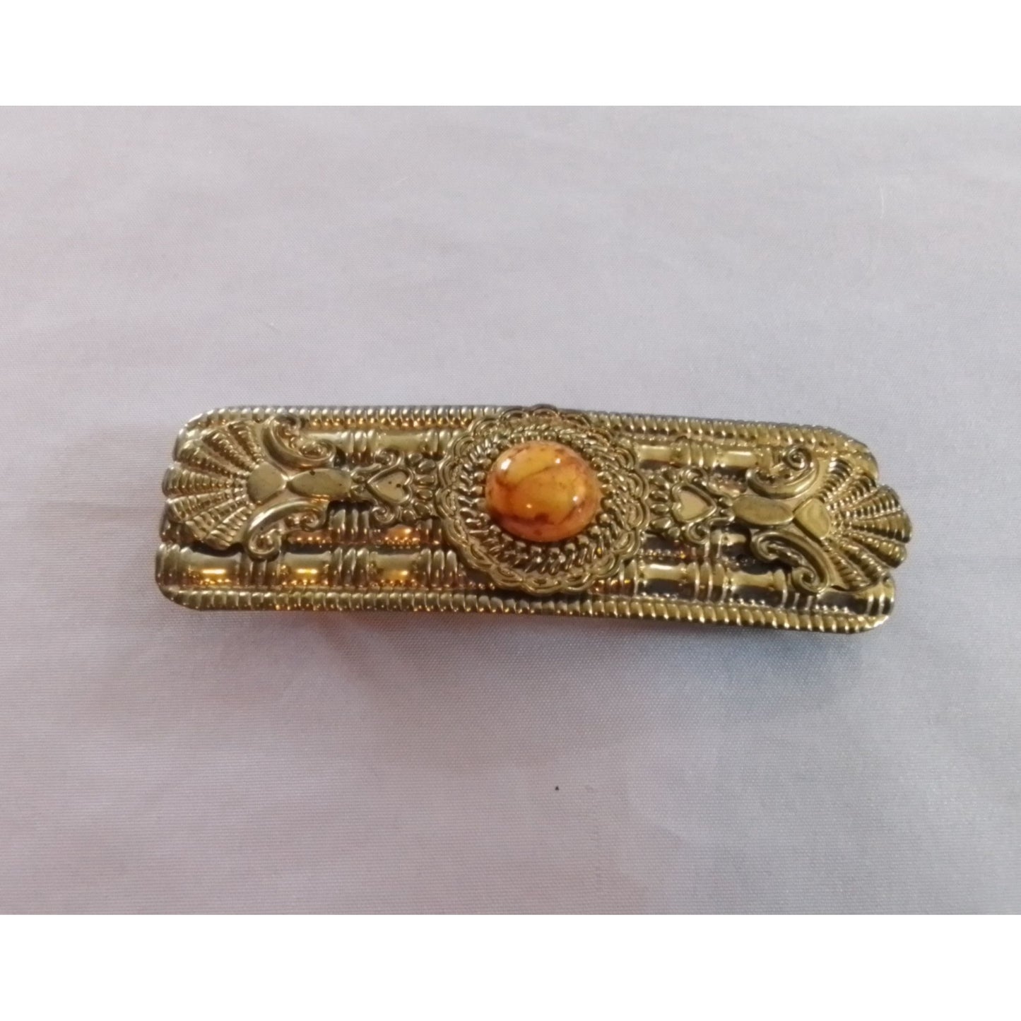 Vintage Gold-Tone Hair Barrette With Ornate Design & Amber-Like Centerpiece