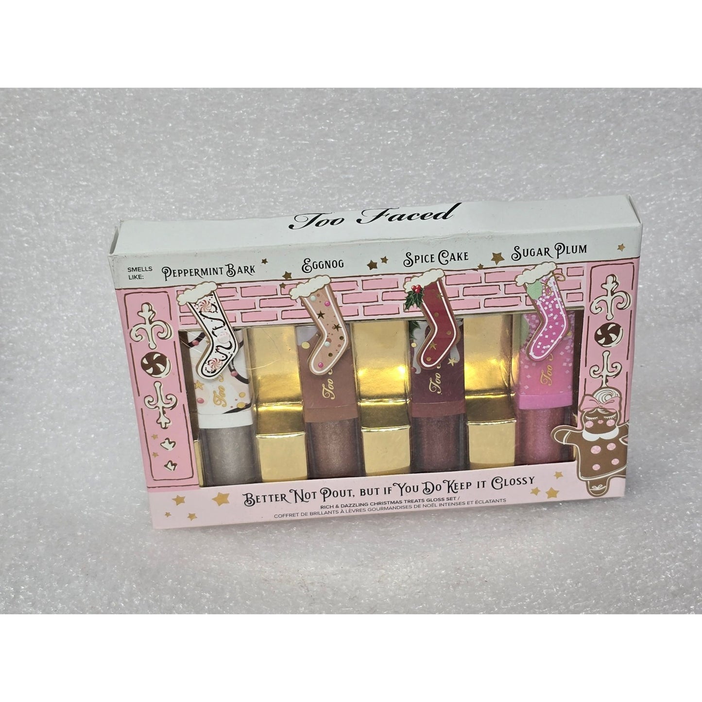 Too Faced Better Not Pout Lip Gloss Set Peppermint Bark Eggnog Spice Sugar Plum