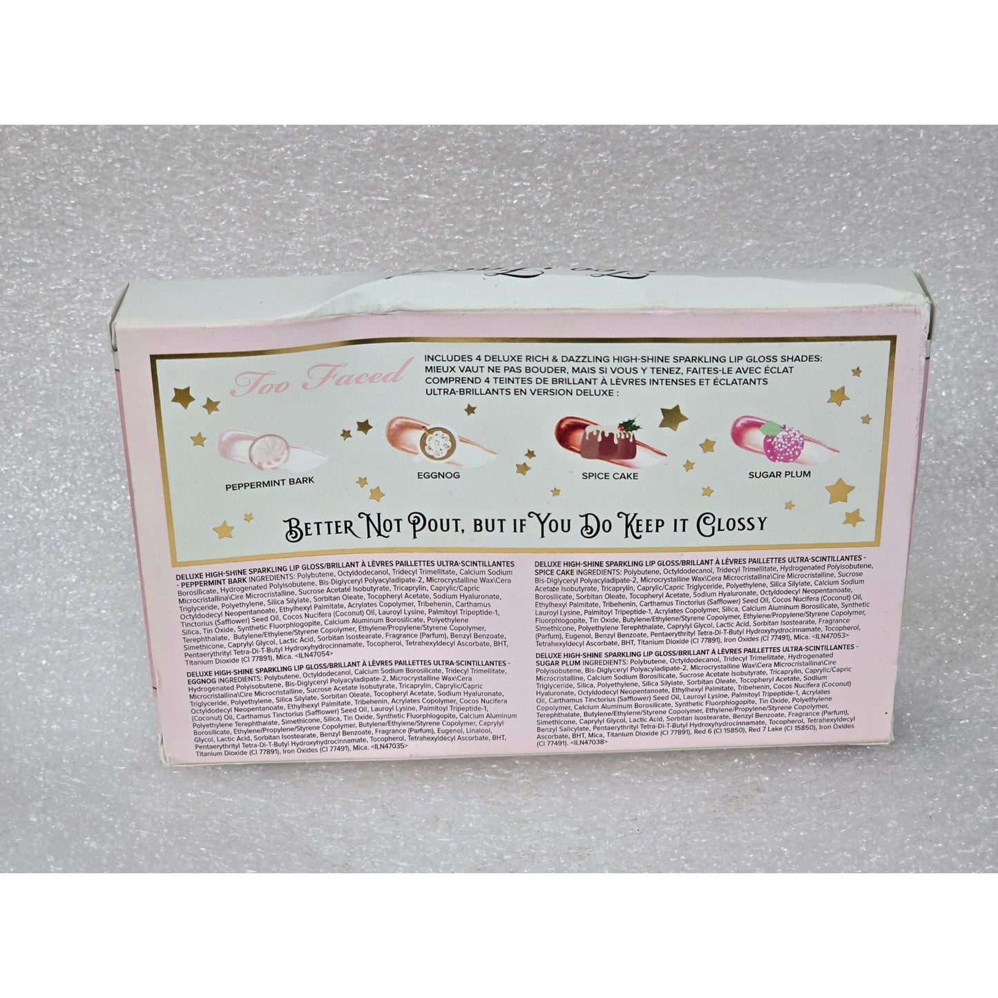 Too Faced Better Not Pout Lip Gloss Set Peppermint Bark Eggnog Spice Sugar Plum