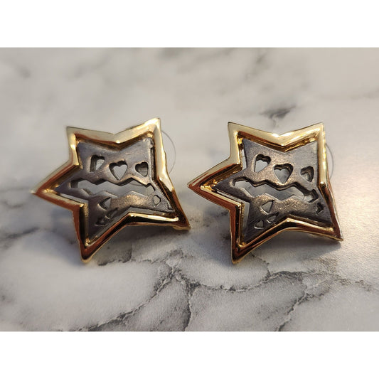 Star-Shaped Gold Tone Stud Earrings With Black Velvet Pouch