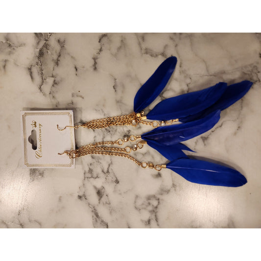 Chloe Accessory Blue Feather & Gold Tone Chain Dangle Earrings