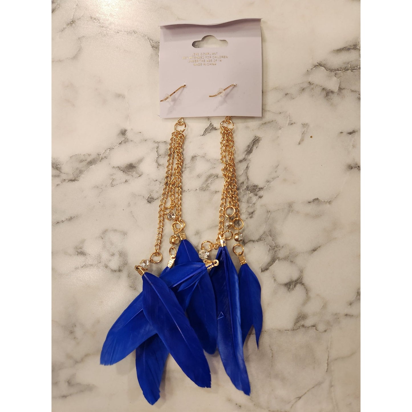 Chloe Accessory Blue Feather & Gold Tone Chain Dangle Earrings