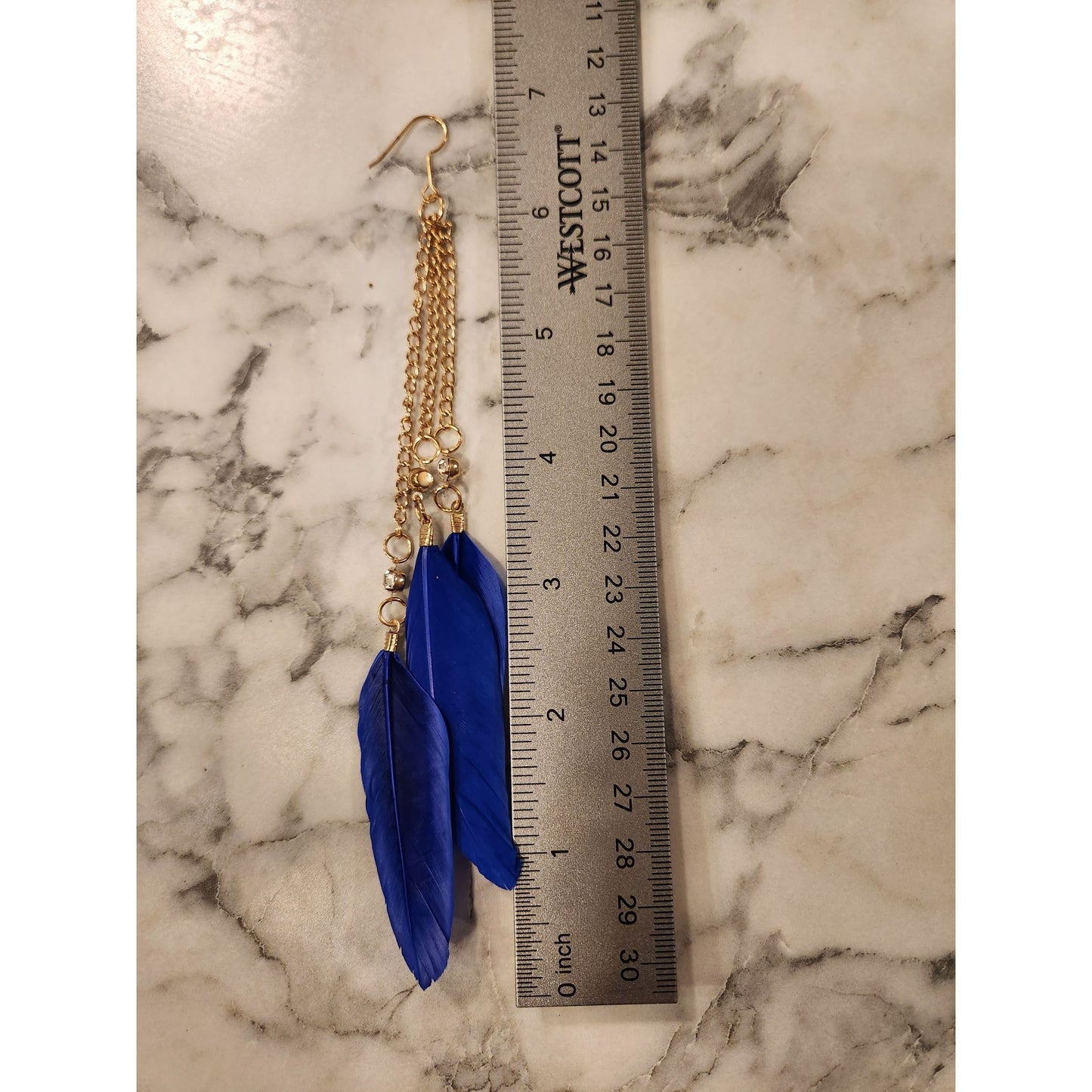 Chloe Accessory Blue Feather & Gold Tone Chain Dangle Earrings